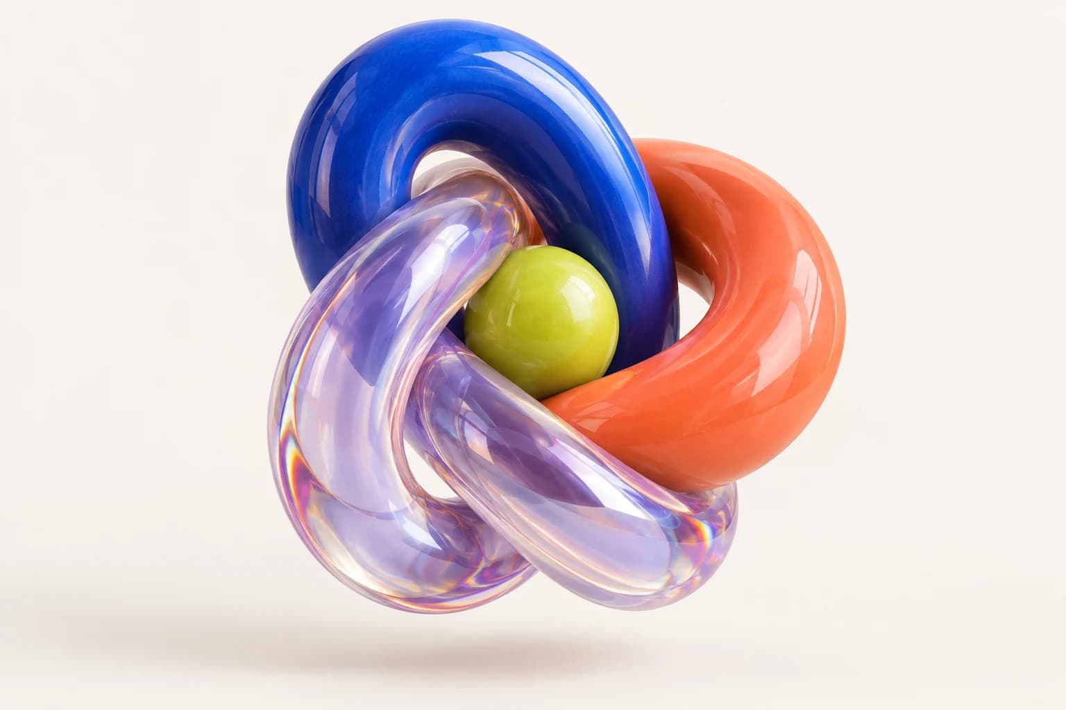 Interlocking cobalt, coral and lavender glass sculpture