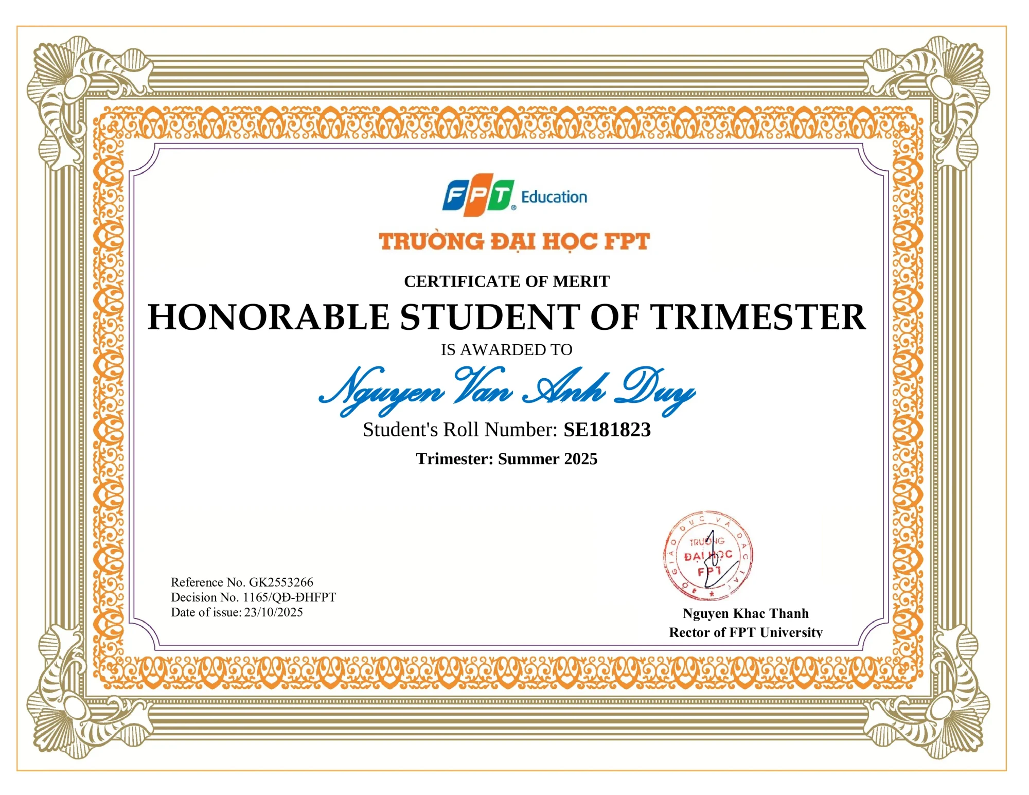 Honorable Student of Trimester — Summer 2025