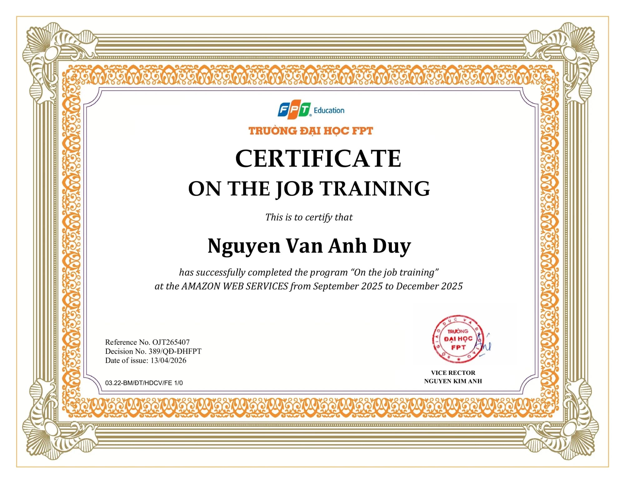 On the Job Training Certificate — Amazon Web Services — Fall 2025
