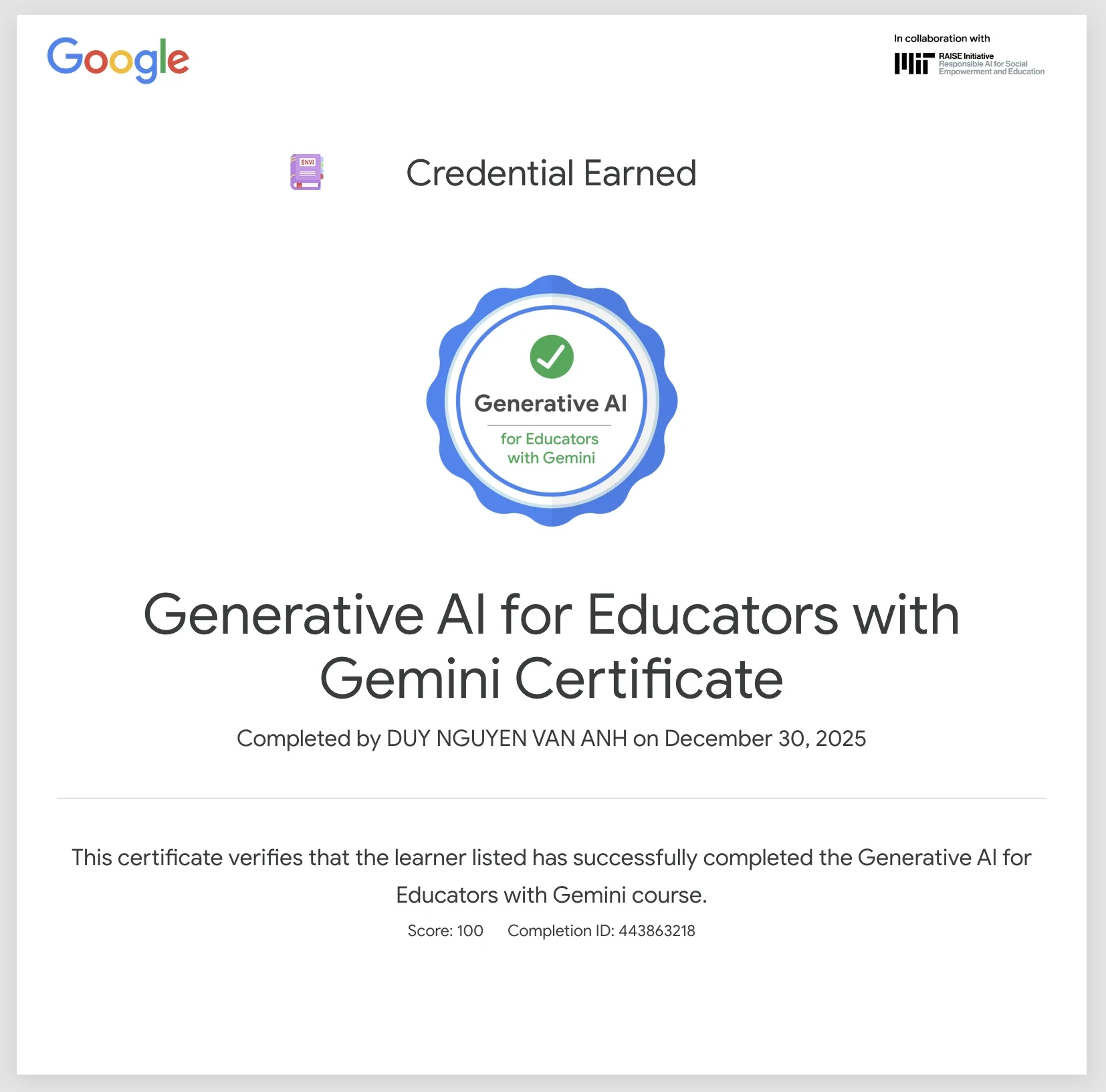 Generative AI for Educators with Gemini Certificate